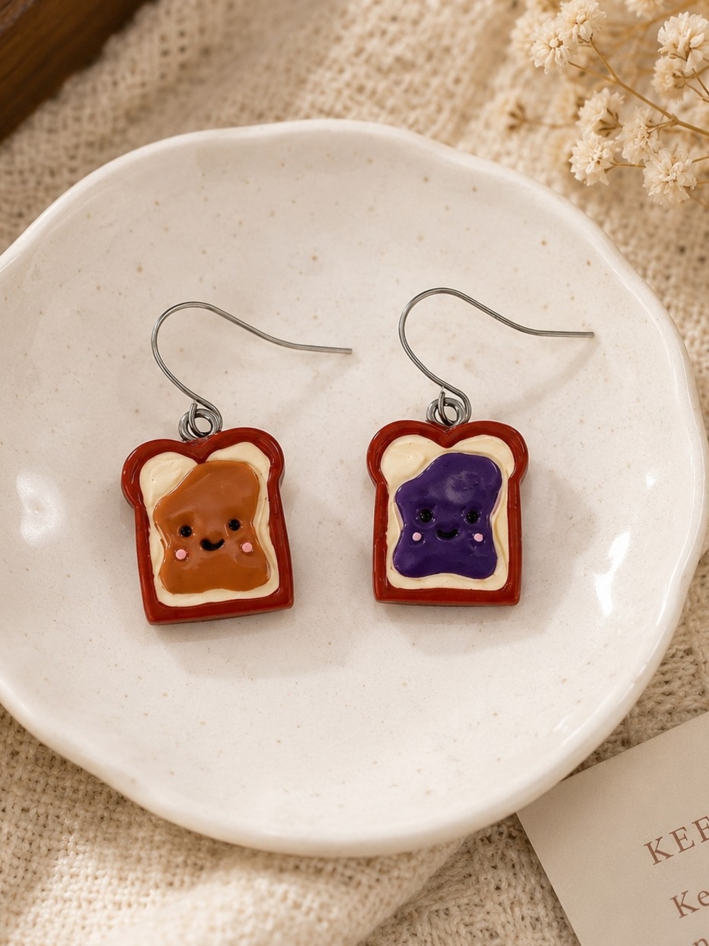 Cute Resin Toast Slice Drop Dangle Earrings - Peanut Butter & Jelly New